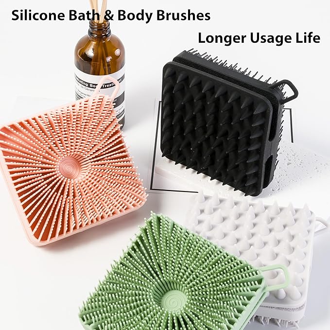 2 PC Silicone Exfoliating Body Scrubber, Silicone Body Shampoo Brush, Soft Silicone Loofah for Sensitive Skin, Shower Silicone Hair Scalp Massager, Easy to Clean, Lather Well(Gray&Pink)-FemmiqueWomen