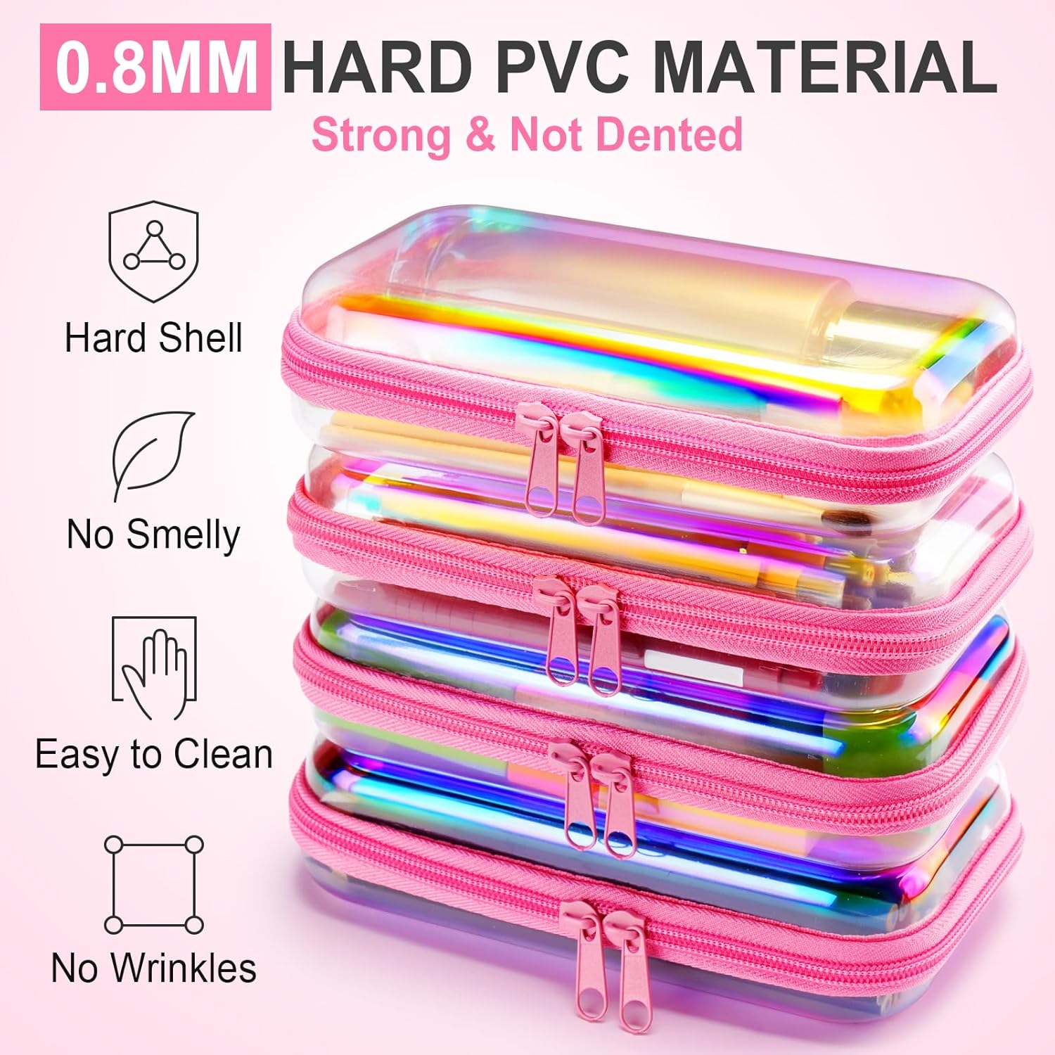 Hoolerry 4 Pcs Hard Clear Zipper Case Makeup Bags Plastic Pencil Pouch Transparent Storage Box Containers for Cosmetics, Snacks, Building Blocks, Puzzles(Pink Laser,7.5 x 3.9 x 2 in)-FemmiqueWomen