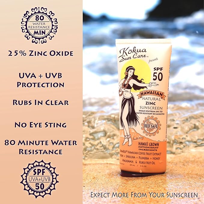 Kokua Sun Care SPF 50/80 Lotion Hawaiian Reef Safe Non Nano Zinc Oxide Sunscreen for Face & Body, Moisturizing Sun Protection Cream, Mineral Water Resistance, Cruelty Free, Natural Vegan Formula-FemmiqueWomen