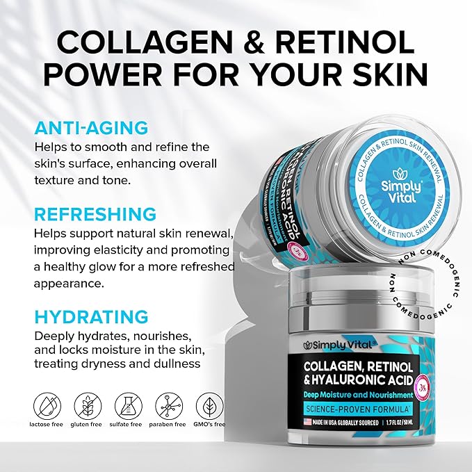 SimplyVital Collagen, Retinol & Hyaluronic Acid Cream - Anti-Aging Face Moisturizer for Face, Firming Skin Care Neck & Décolleté - Made in USA, Daily Moisturizer Face Cream Day & Night - 1.7 fl.oz.-FemmiqueWomen