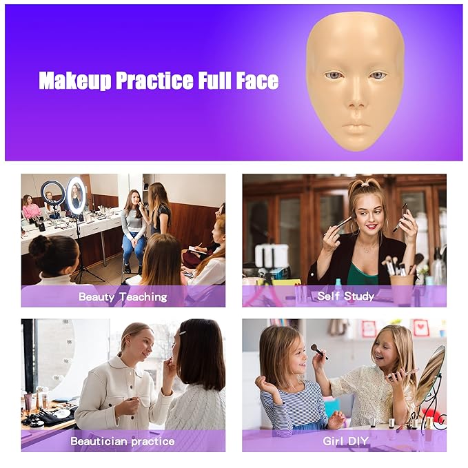 Makeup Practice Mannequin Face, 5d Reusable Silicone Makeup Practice Board Full Face with Makeup Brushes Sponge Set and Eyeshadow Board Makeup Kit for Makeup Artist, Girl's Gift Or Professionals-FemmiqueWomen