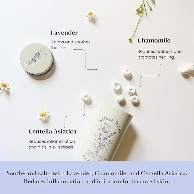 3-in-1 Solid Facial Cleanser, Exfoliator, and Wash-off Mask - Vegan, Cruelty-Free, Plastic-Free, Travel-Friendly, 1 Month Supply (60 Crushable Tablets) in Tin (Calming Beans in Tin)-FemmiqueWomen