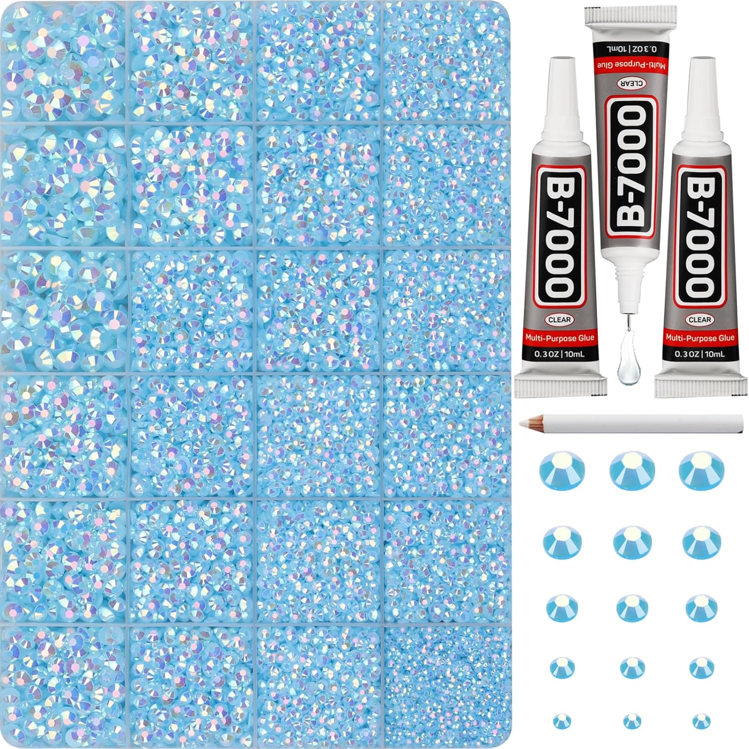 30000Pcs Resin Jelly Rhinestones Set for Crafting Bedazzling, Light Blue AB Flatback Gems Jewels for Crafts Clothes Shoes Fabric Outfit Nails Makeup, Flat Back Crystal 2-6mm with b 7000 Glue-FemmiqueWomen