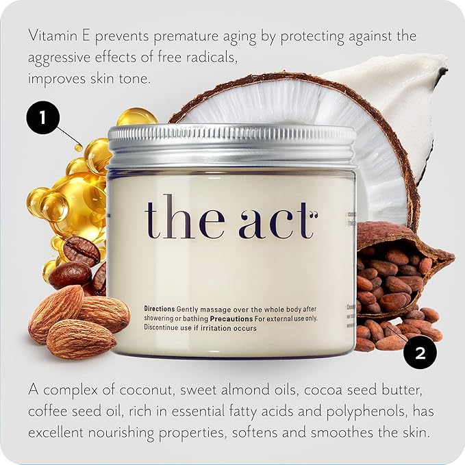 THE ACT Solid Coconut Body Butter – Organic Vegan Moisturizer with Shea & Almond Oils – Melts in Hands – Massage Balm for Dry Skin – Natural Skincare for Women & Men – 6 oz with Spatula-FemmiqueWomen