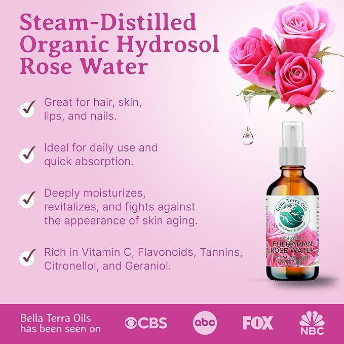 Bella Terra Oils - Organic Rose Water Mist 4 oz - Capture The Bulgarian Rose Essence, Perfect as a Gentle Rosewater Face Mist, Free from Synthetics-FemmiqueWomen
