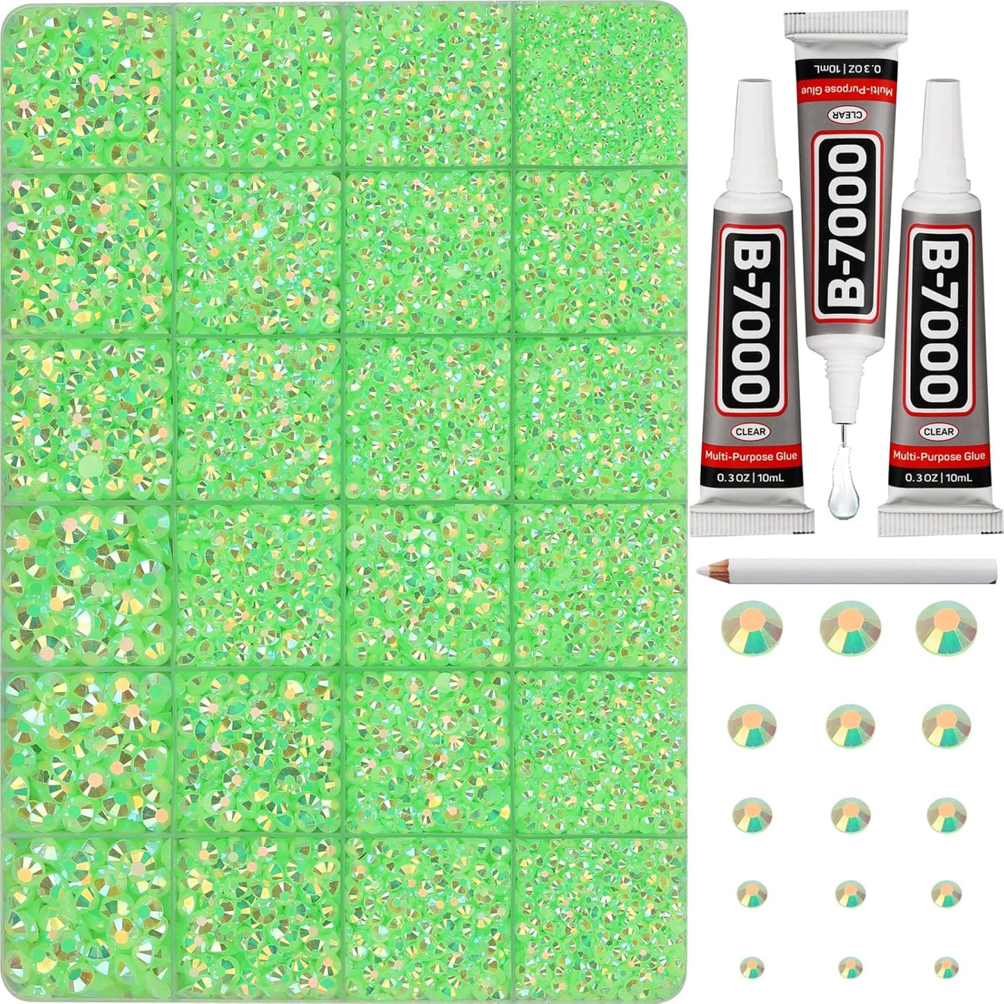 30000Pcs Resin Jelly Rhinestones Set for Crafting Bedazzling, Neon Lime Green AB Flatback Gems Jewels for Crafts Clothes Shoes Fabric Outfit Makeup, Flat Back Crystal 2-6mm with b 7000 Glue-FemmiqueWomen