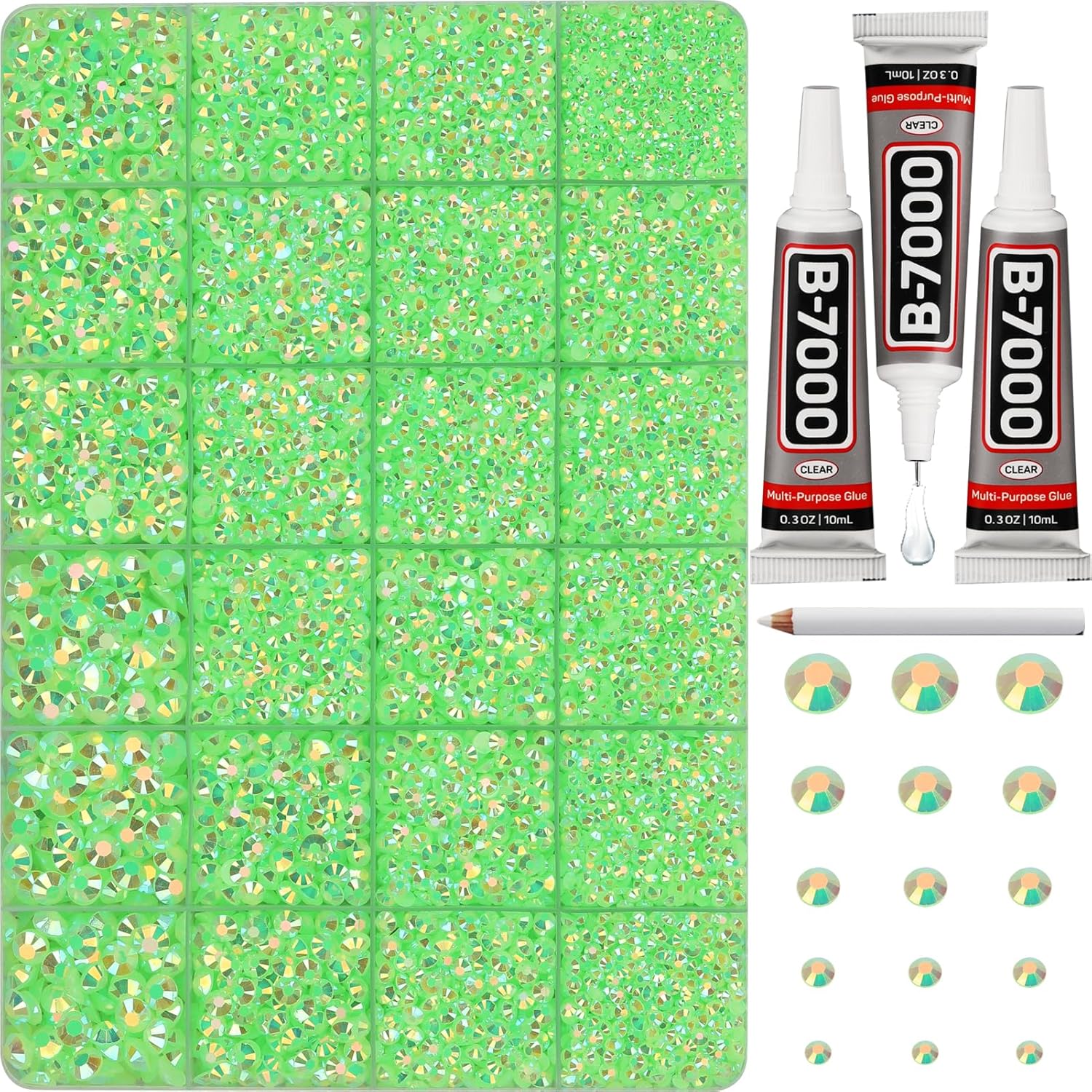 30000Pcs Resin Jelly Rhinestones Set for Crafting Bedazzling, Neon Lime Green AB Flatback Gems Jewels for Crafts Clothes Shoes Fabric Outfit Makeup, Flat Back Crystal 2-6mm with b 7000 Glue-FemmiqueWomen