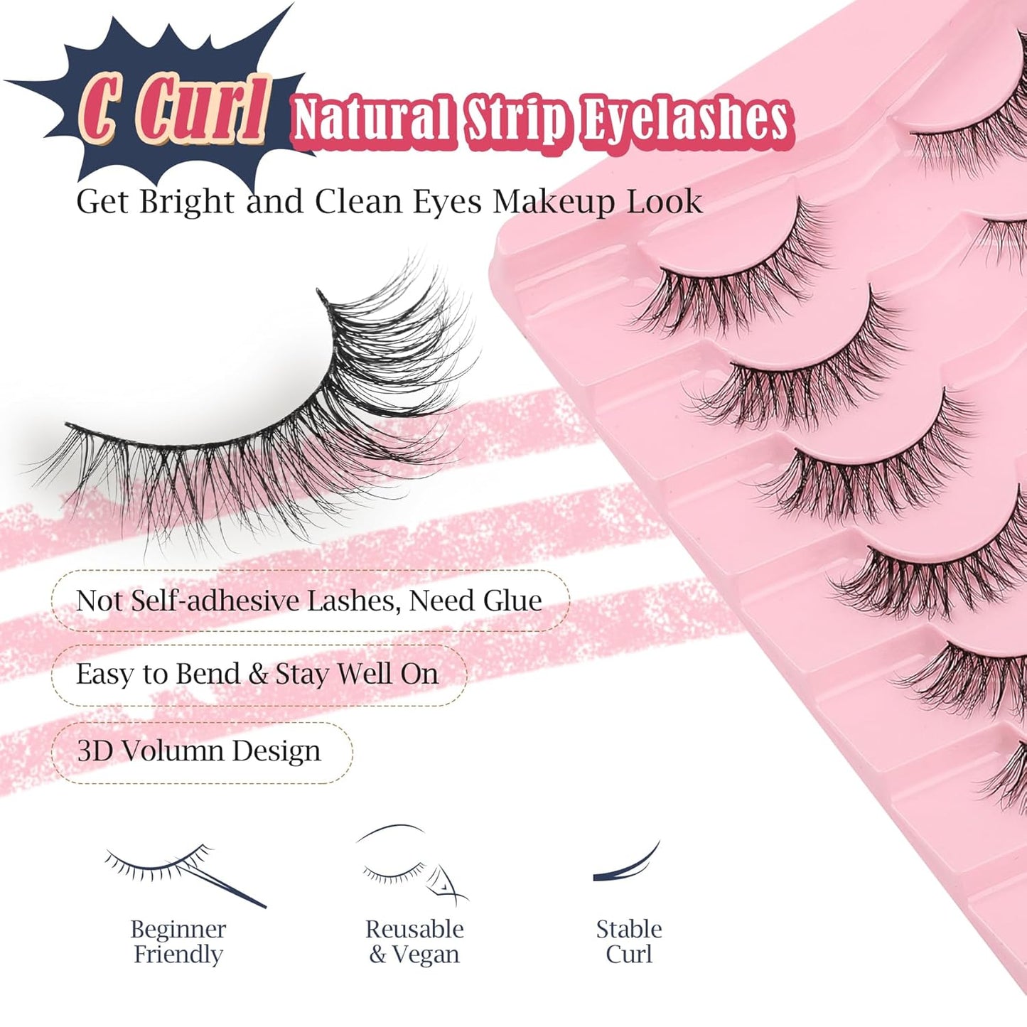 Natural Eyelashes Cat Eye Lashes Wispy Eyelash with 0.1MM Thin Band Strip Lash C Curl 7 Pair-FemmiqueWomen