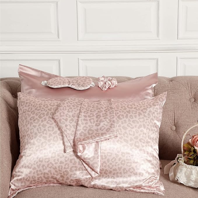 2 Pack Satin Pillowcase with Latent Zipper, Adjustable Satin Eye Mask for Sleeping and Satin Volume Scrunchie for Hair and Skin, Standard Size (Pink, Leopard Style)-FemmiqueWomen