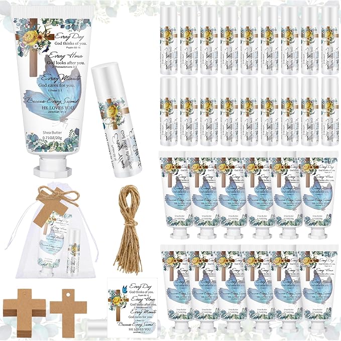 144 Pcs Christian Lip Balm Hand Cream Set Party Favors, Include 36 Bible Lip Balm 36 Moisturizing Hand Cream 36 Bags 36 Cards and Ropes for Accessories Gifts (Biblical, Cross)-FemmiqueWomen