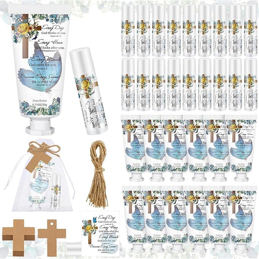 144 Pcs Christian Lip Balm Hand Cream Set Party Favors, Include 36 Bible Lip Balm 36 Moisturizing Hand Cream 36 Bags 36 Cards and Ropes for Accessories Gifts (Biblical, Cross)-FemmiqueWomen