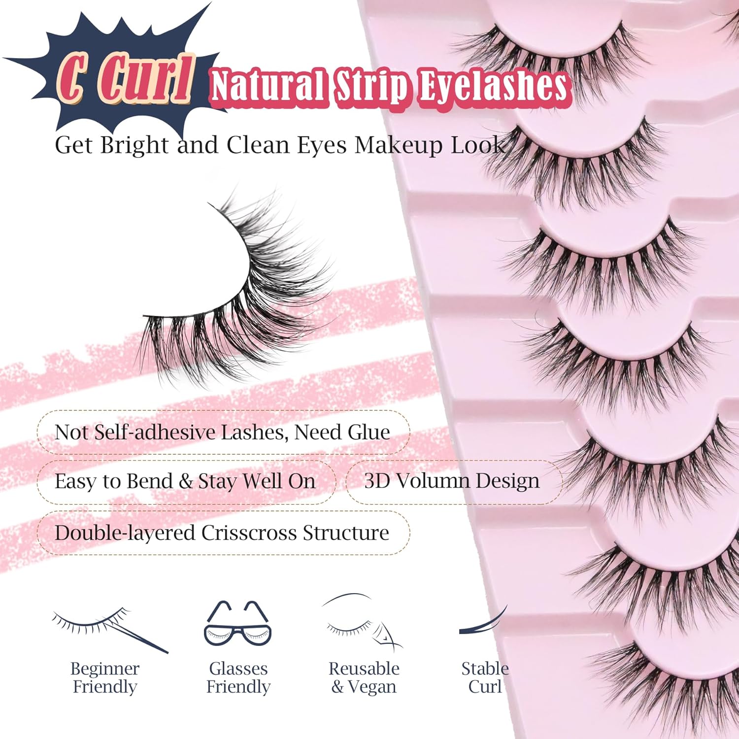 Natural Lashes Cateye False Eyelashes Wispy 12mm Cat Eyelashes Short Lash Pack for Small Eyes Eyelash with 0.1MM Thin Cotton Band 3D Volume Fake Eyelashes Siligli Soft Strip Lashes 7 Pairs-FemmiqueWomen