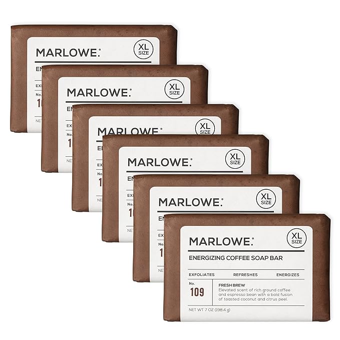 MARLOWE. No. 109 Coffee Bar Soap 7 oz (6 Bars) – Exfoliating Body Scrub for Men with Natural Extracts, Caffeine, Coffee Bean & Cocoa Butter – Energizing Fresh Brewed Scent-FemmiqueWomen
