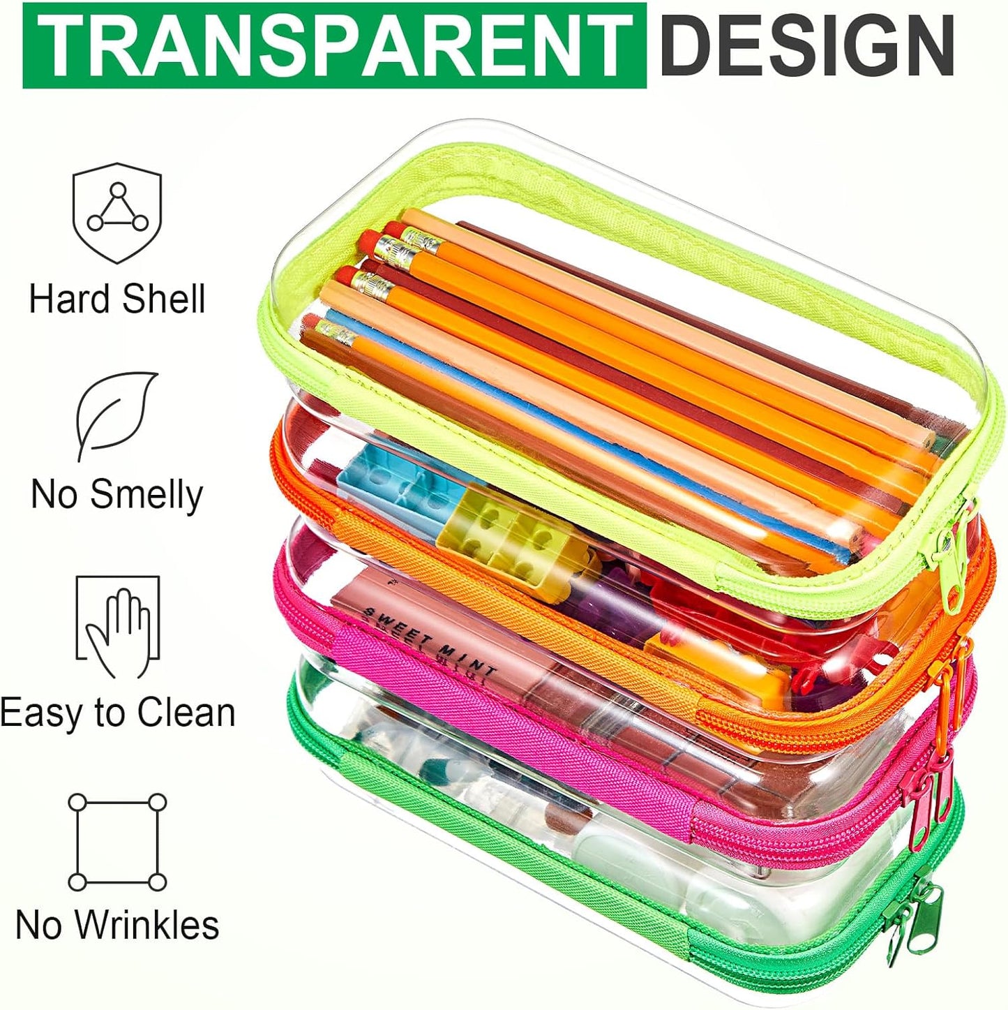 Hoolerry 4 Pcs Hard Clear Zipper Case Makeup Bags Plastic Pencil Pouch Transparent Storage Box Containers for Cosmetics, Snacks, Building Blocks, Puzzles(Fluorescent,7.5 x 3.9 x 2 in)-FemmiqueWomen