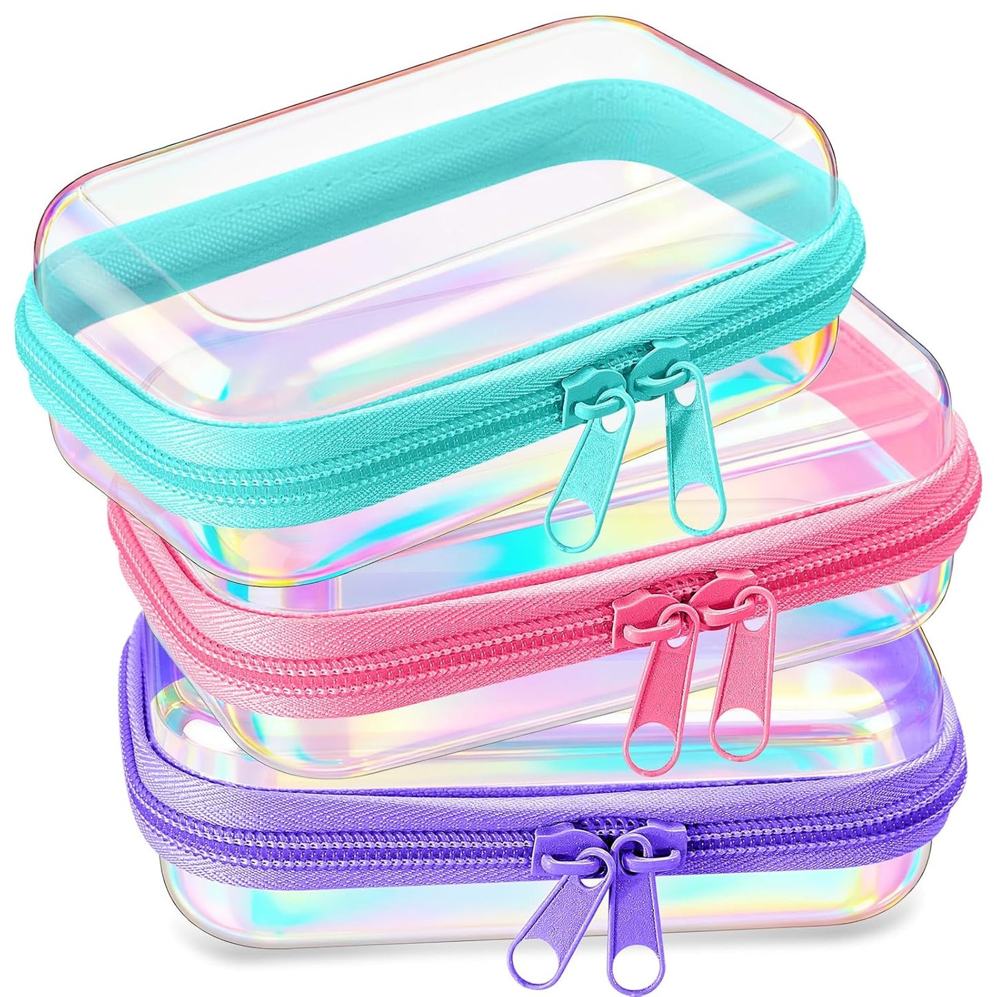 Hoolerry 3 Pcs Clear Hard Zipper Case Plastic Pouch Transparent Hard Case Clear Makeup Bag Portable Travel Organizer Bin for Cosmetics, Building Blocks, Puzzles(Laser,Xs)-FemmiqueWomen