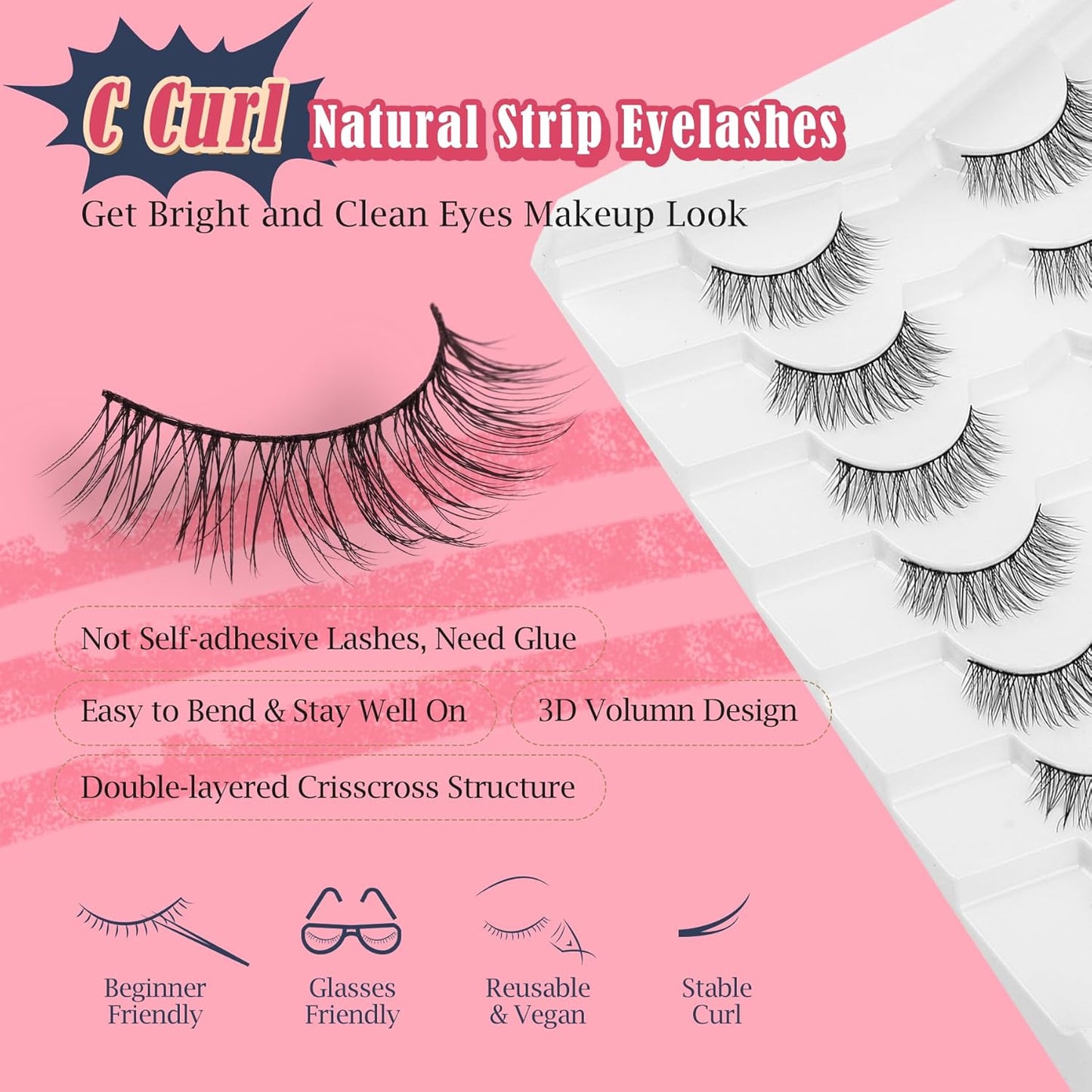 Eyelashes Short Natural Lashes Wispy Eyeashes Natural Look 10mm Strip Lashes False Eyelashes C Curl Eye Lashes Pack 0.1MM Thin Band 3D Volume Soft Eyelash Siligli Lash 7 Pair-FemmiqueWomen