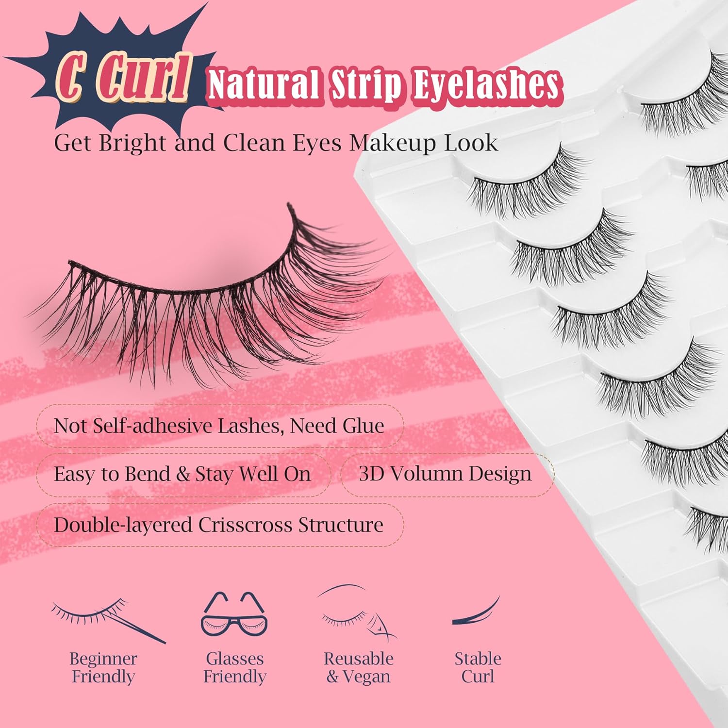 Eyelashes Short Natural Lashes Wispy Eyeashes Natural Look 10mm Strip Lashes False Eyelashes C Curl Eye Lashes Pack 0.1MM Thin Band 3D Volume Soft Eyelash Siligli Lash 7 Pair-FemmiqueWomen