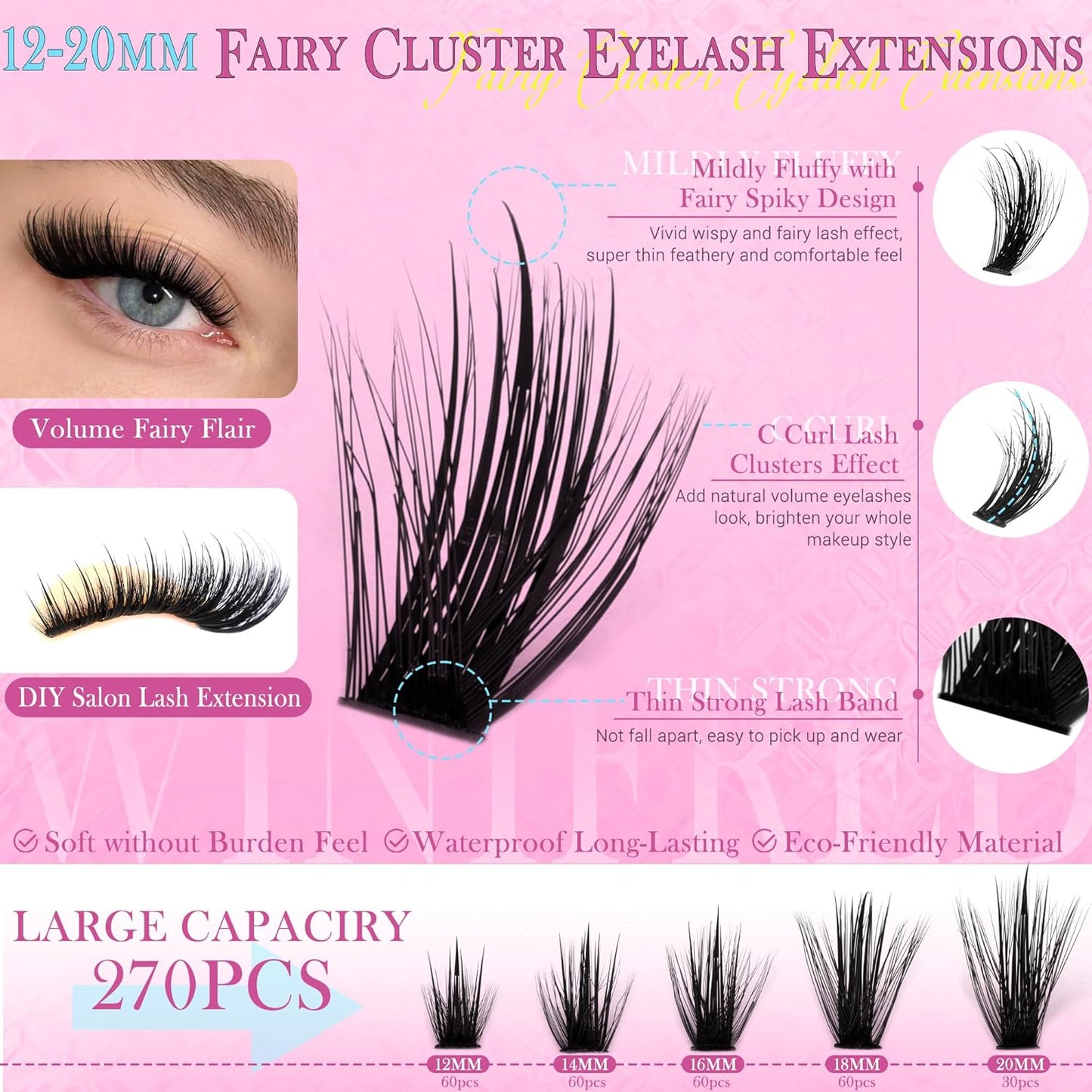Winifred Lash Clusters Kit Fairy Eyelash Clusters with Spikes Wispy Lash Extension Kit Natural Cluster Eyelash Extensions C Curly Anime Individual Lashes Kit Lash Bond and Seal Tweezers (12-20mm)-FemmiqueWomen