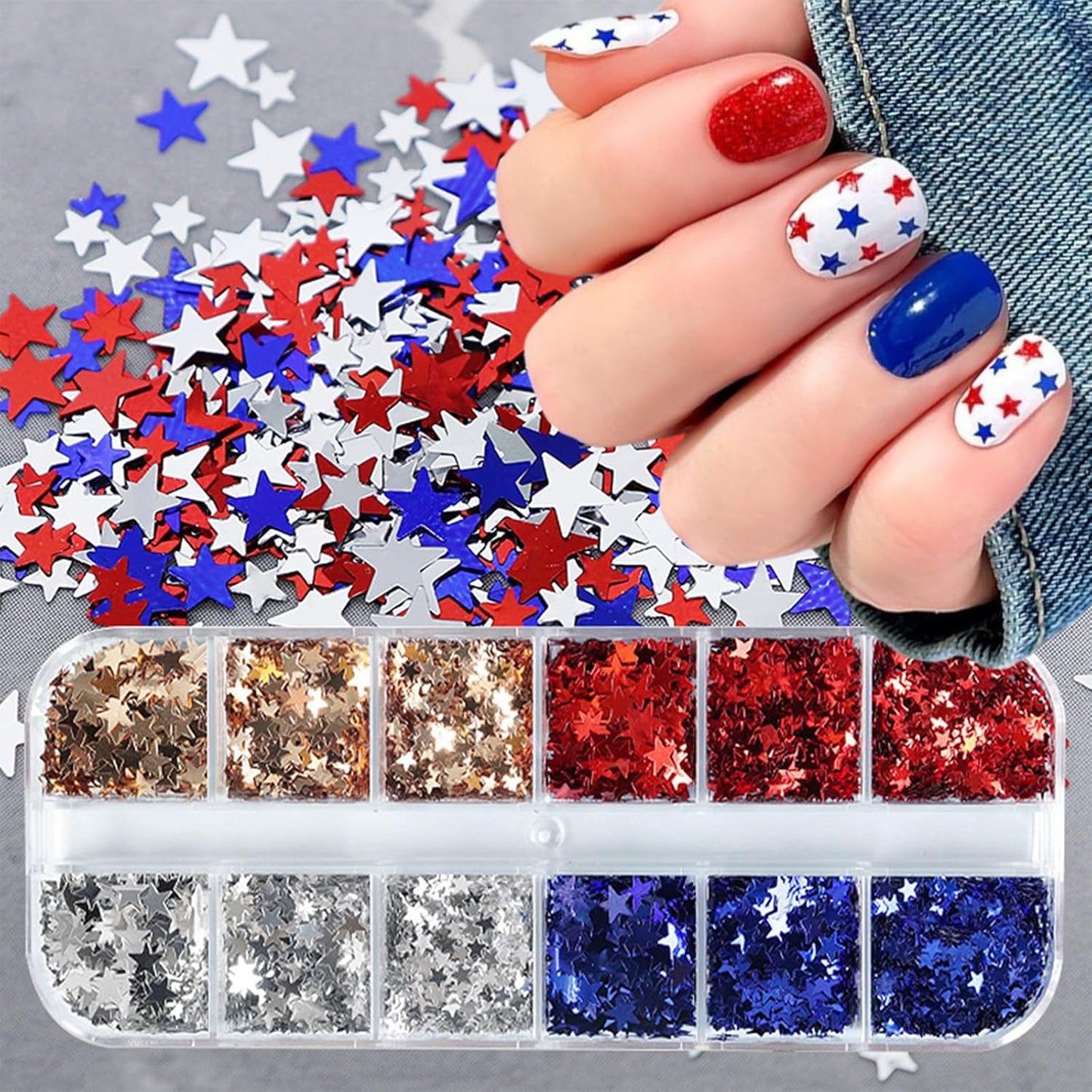 12 Grids Independence Day Nail Sequins，3D Holographic Nails Glitter Laser Star Nail Shining Flakes for Fourth of July Five-Pointed Star Mixed Sequins for America Patriotic Face Makeup Nail Decoration-FemmiqueWomen