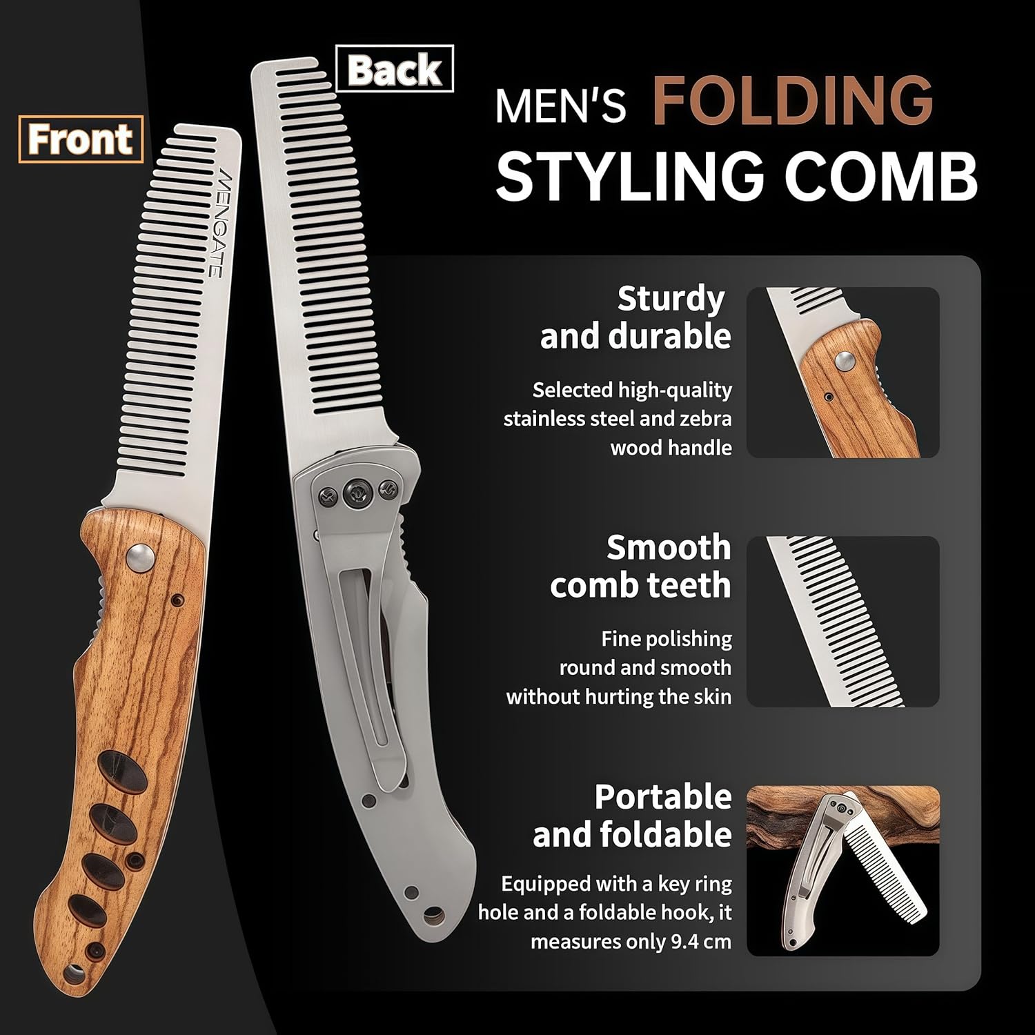 1PC Folding Pocket Beard & Hair Comb for Men - Stainless Steel Tactical Grooming Tool with Wooden Handle, EDC Pocket Comb with 180° Rotatable for Travel & Daily Styling-FemmiqueWomen