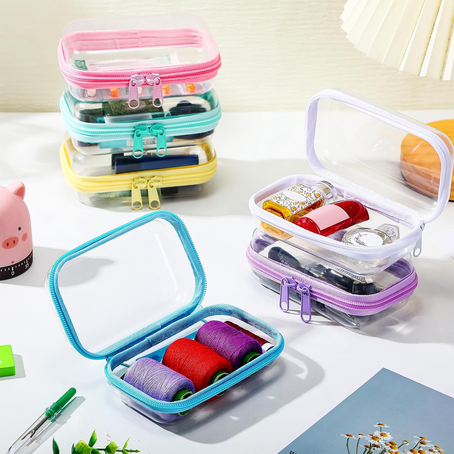 Sanwuta 6 Pcs Clear Hard Zipper Case Pencil Pouches Hard Plastic Zipper Pouches Makeup Bag Transparent Cases for Snacks Plastic Storage Organizer Box for Travel (Colorful,5 x 3 x 2 Inch)-FemmiqueWomen