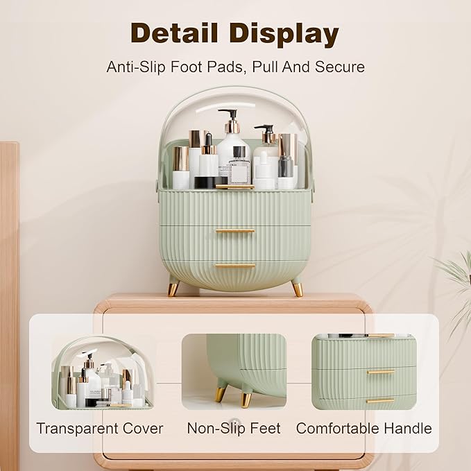 Makeup Organizers and Storage, Make up Organizer for Vanity Cosmetics Skincare Organizers With Lid and Drawers Display Cases for Countertop（Light Green）-FemmiqueWomen