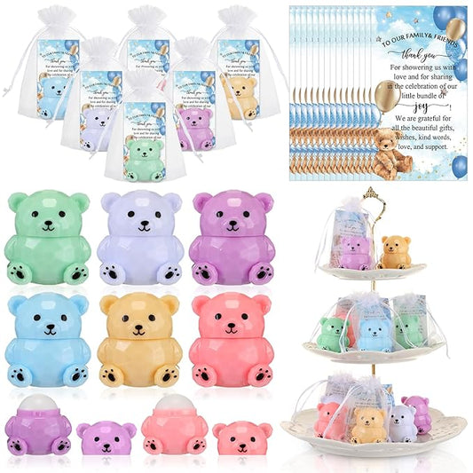24 Sets Baby Shower Bear Lip Balm Favors Bear Lip Care Transparent Lipstick with Gift Bags and Thank You Cards for Baby Shower Gender Reveal Favors Decorations Gift Supplies-FemmiqueWomen