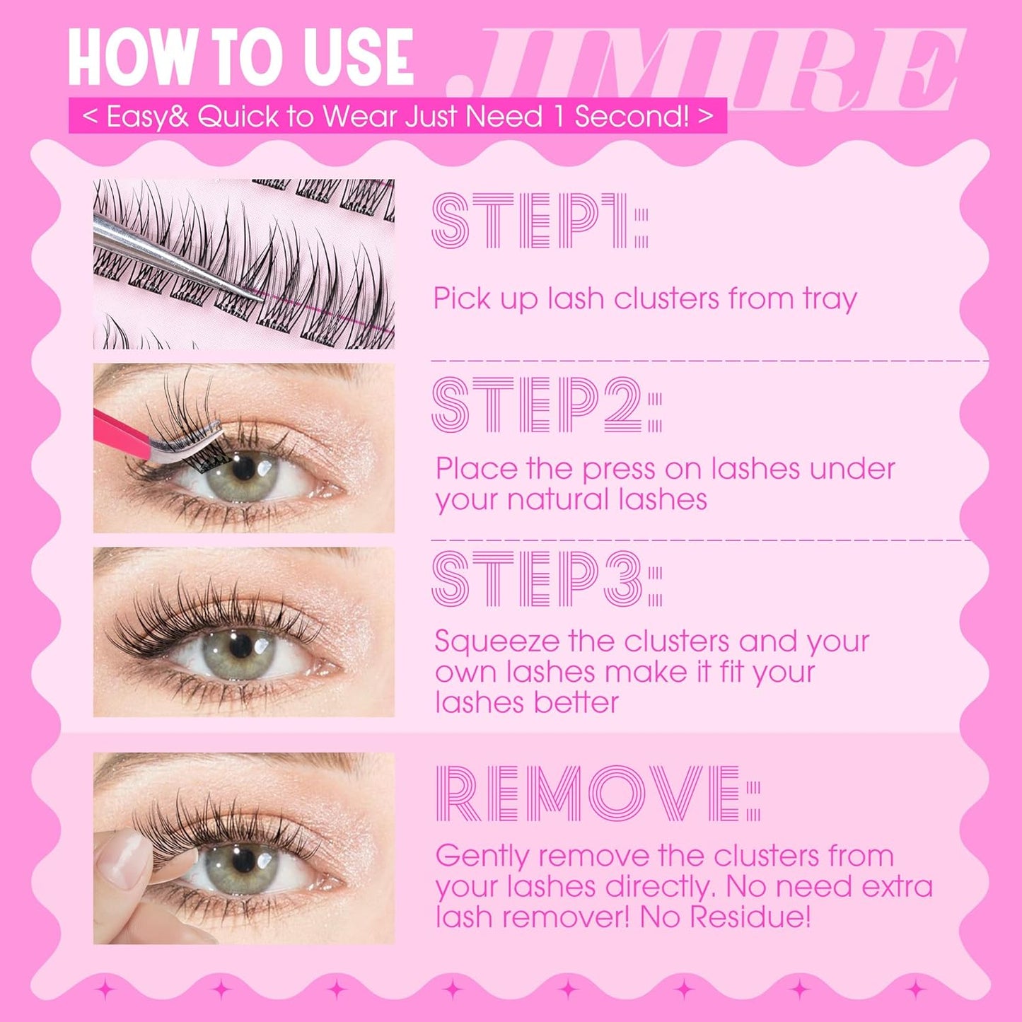 JIMIRE Self Adhesive Eyelashes Natural Look 9-14MM Wispy Pre Glued Lash Clusters No Glue Needed Press on Lashes Clusters Reusable Self Adhesive Eyelash Clusters Easy to Apply-FemmiqueWomen