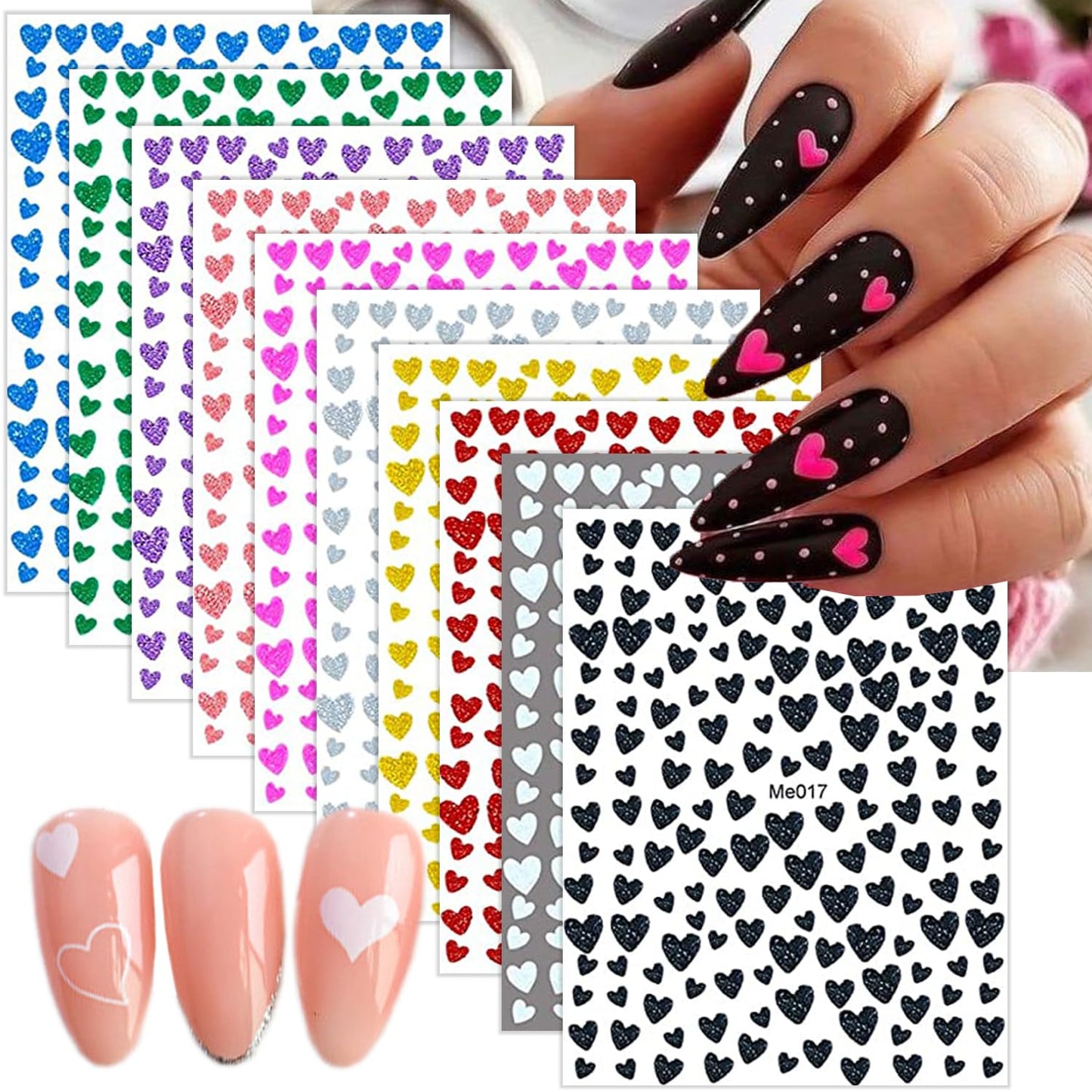 10 Sheets Heart Nail Stickers - 3D Self-Adhesive Valentine's Day Nail Art Stickers - Shiny Love Heart Nail Decals - Gold, Silver, Black-FemmiqueWomen