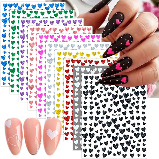 10 Sheets Heart Nail Stickers - 3D Self-Adhesive Valentine's Day Nail Art Stickers - Shiny Love Heart Nail Decals - Gold, Silver, Black-FemmiqueWomen