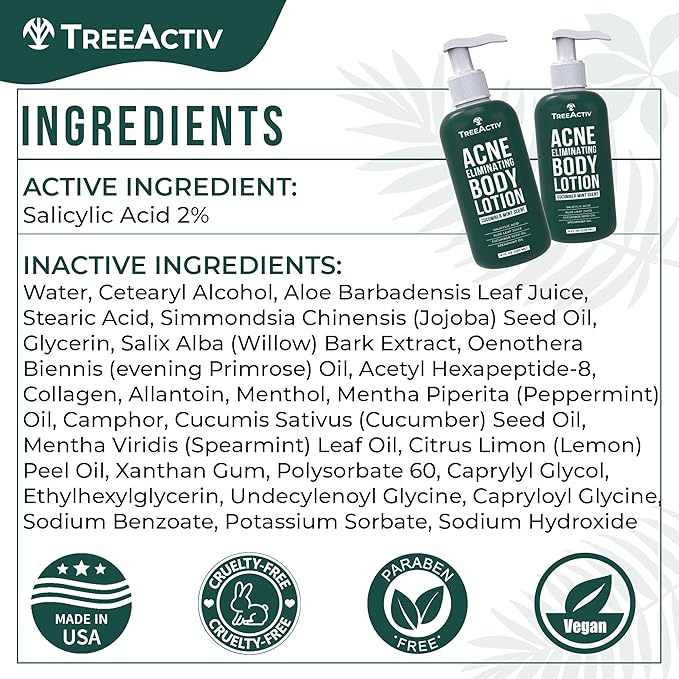 TreeActiv Acne Eliminating Body Lotion 8 fl oz | Clears Body, Back, Butt and Shoulder Acne | Anti-Acne Moisturizer | Prevents Future Breakouts | Cucumber Mint Scent-FemmiqueWomen