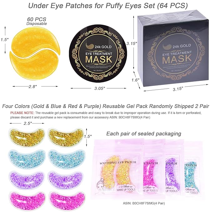 24K Gold Under Eye Patches Gel Eye Pad Hot Cold Eye Mask,Eye Masks Skincare for Removing Dark Circles and Puffiness,Reduce Wrinkles,Eye Bags and Fine Lines (68 Pcs-FemmiqueWomen