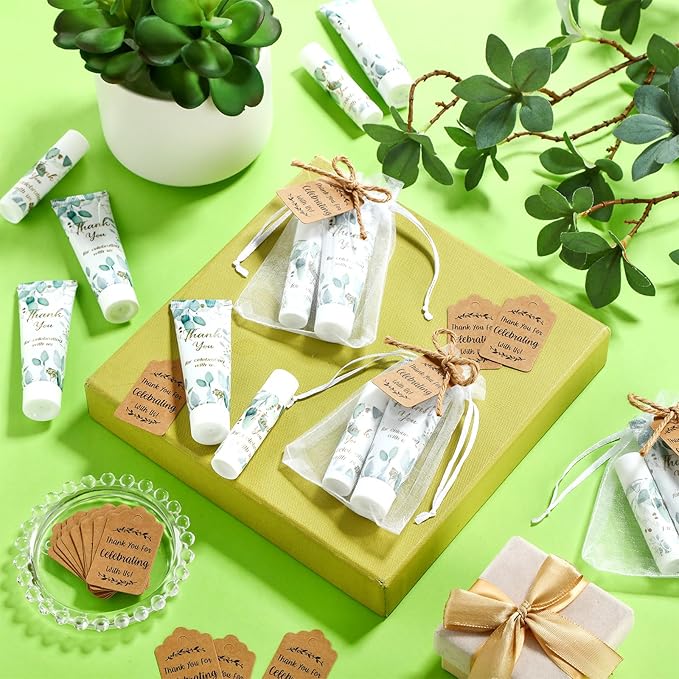 200 Pcs Baby Shower Wedding Party Favors Gift Set, 50 Pcs Baby Shower Hand Cream and 50 Lip Balm for Wedding Bridesmaid Guests Gift Supplies with 50 Organza Bag 50 Thank You Tag(Eucalyptus)-FemmiqueWomen