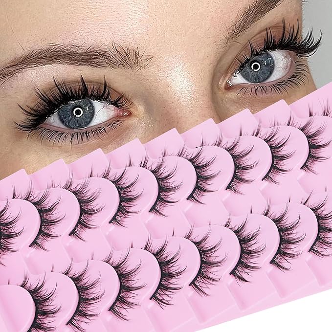 FANXITON Manga Lashes Wispy Natural Look Faux Eyelashes 10 Pairs Asian 3D False Eyelashes 14 mm Cat Eye Lashes Pack-FemmiqueWomen