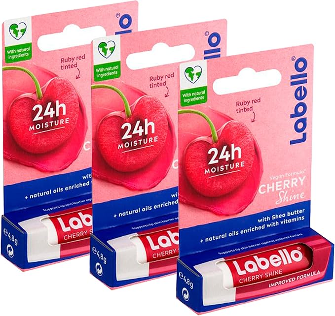 3 LABELLO CHERRY FRUITY SHINE LIP BALM STICK CARE BEAUTY SOFT SMOOTH SPF 10 NEW-FemmiqueWomen