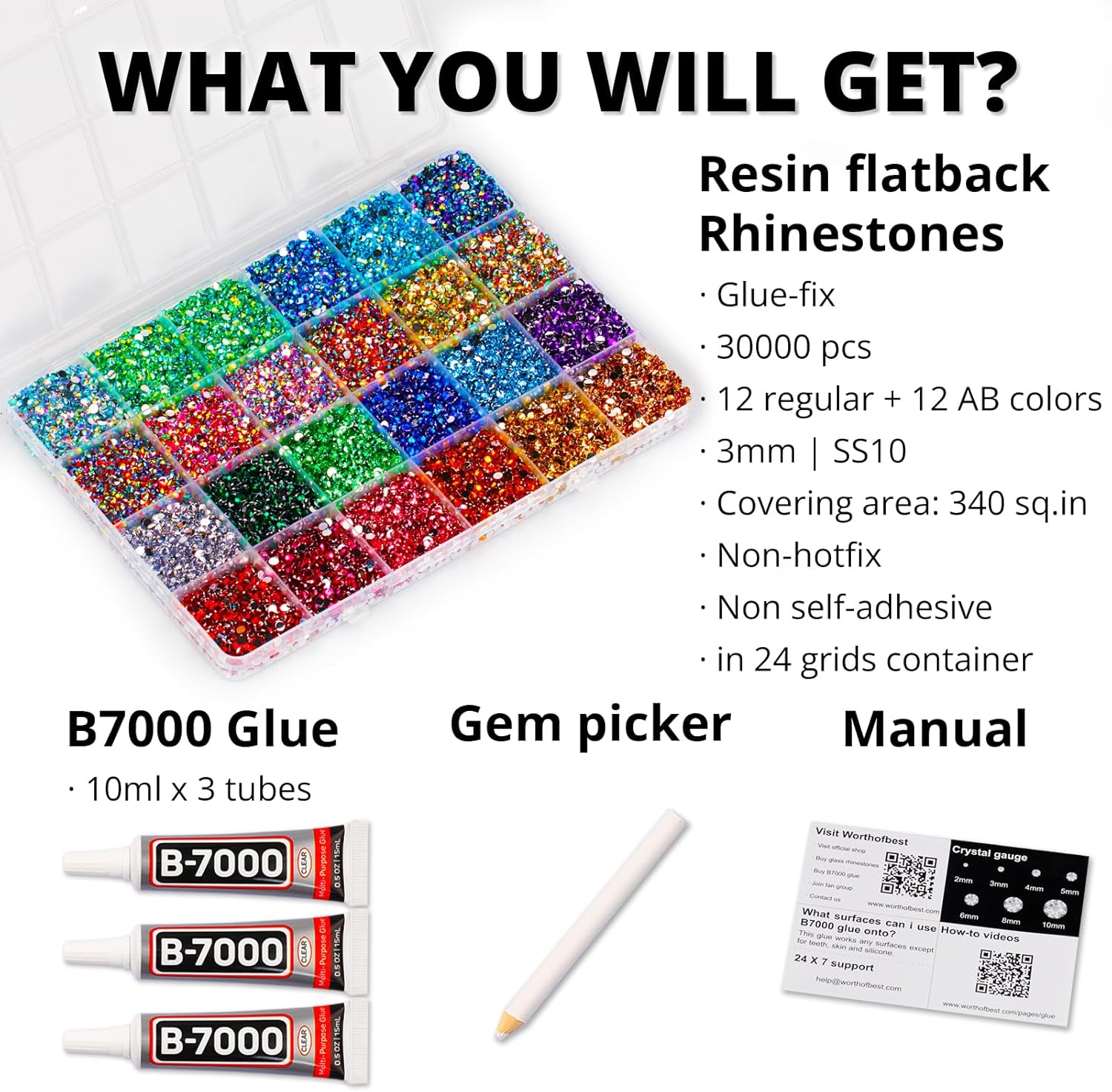 30000Pcs Resin Rainbow Colorful Rhinestones for Crafting Bedazzling, Assorted Color 3mm Flatback Bulk Gems for Crafts Clothing Shoes Fabric Nails, Flat Back Small ab Crystal with 3Pcs 10ml b7000 Glue-FemmiqueWomen