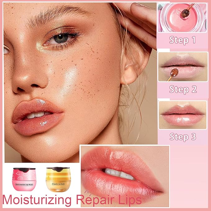 2 PCS Bee Lip Balm Honey Pot, Honey Watermelon Bee Lip Balm Sleeping Lip Mask Overnight with Sticks, Honey Pot Lip Balm Hydrating Exfoliating Prevention Dry and Crack Lip Scrubs-FemmiqueWomen