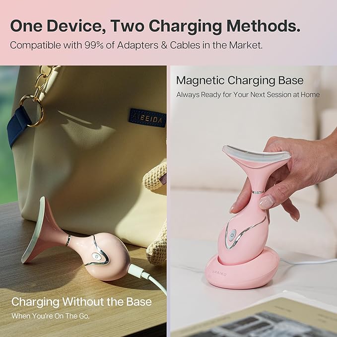 Iris Neck Face Massager, Pro Face Sculpting Tool with Charging Base, All-in-1 Facial Device for Enhanced Absorption, Radiance, Contouring, Elasticity, Home Facial Spa (Pink)-FemmiqueWomen