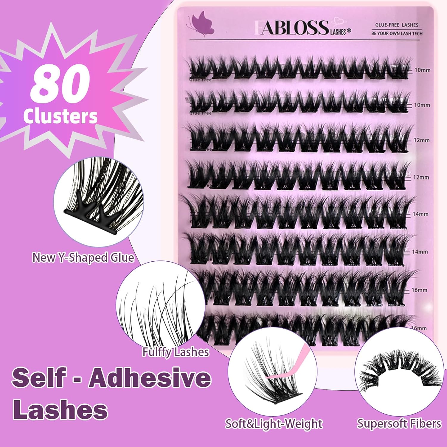 Self Adhesive Eyelashes Kit 80Pcs D Curl Press on Lashes Reusable Self Adhesive Lashes No Glue No Remover Needed DIY Lash Extension Kit with Tweezers for Beginners(10-16mm)-FemmiqueWomen
