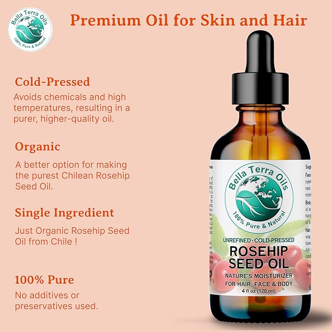 Bella Terra Oils - Organic Rosehip Seed Oil 2 oz - Cold-Pressed Elixir, Rich in Vitamin A, C, & E, Linoleic & Alpha-Linolenic Acid, Perfect Facial Emollient-FemmiqueWomen