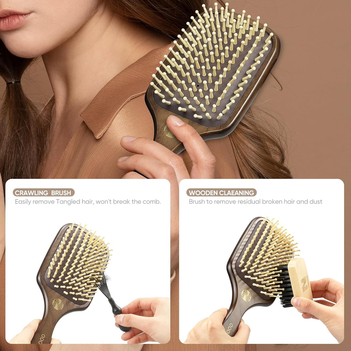 100% Natural Wood Hairbrush for Massaging Scalp,for Most Hair Types, Wooden Bristle for Reducing Damage, Scalp Massager Perfect for Women, Men & Kids-FemmiqueWomen