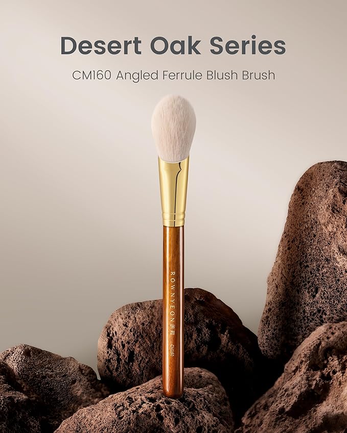 Desert Oak Series CM 160 Angled Blush Brush for Cheeks – Ideal for Powder & Cream Blush, Golden Brass Ferrule, Ebana Bubinga Handle, Soft Nylon Bristles-FemmiqueWomen