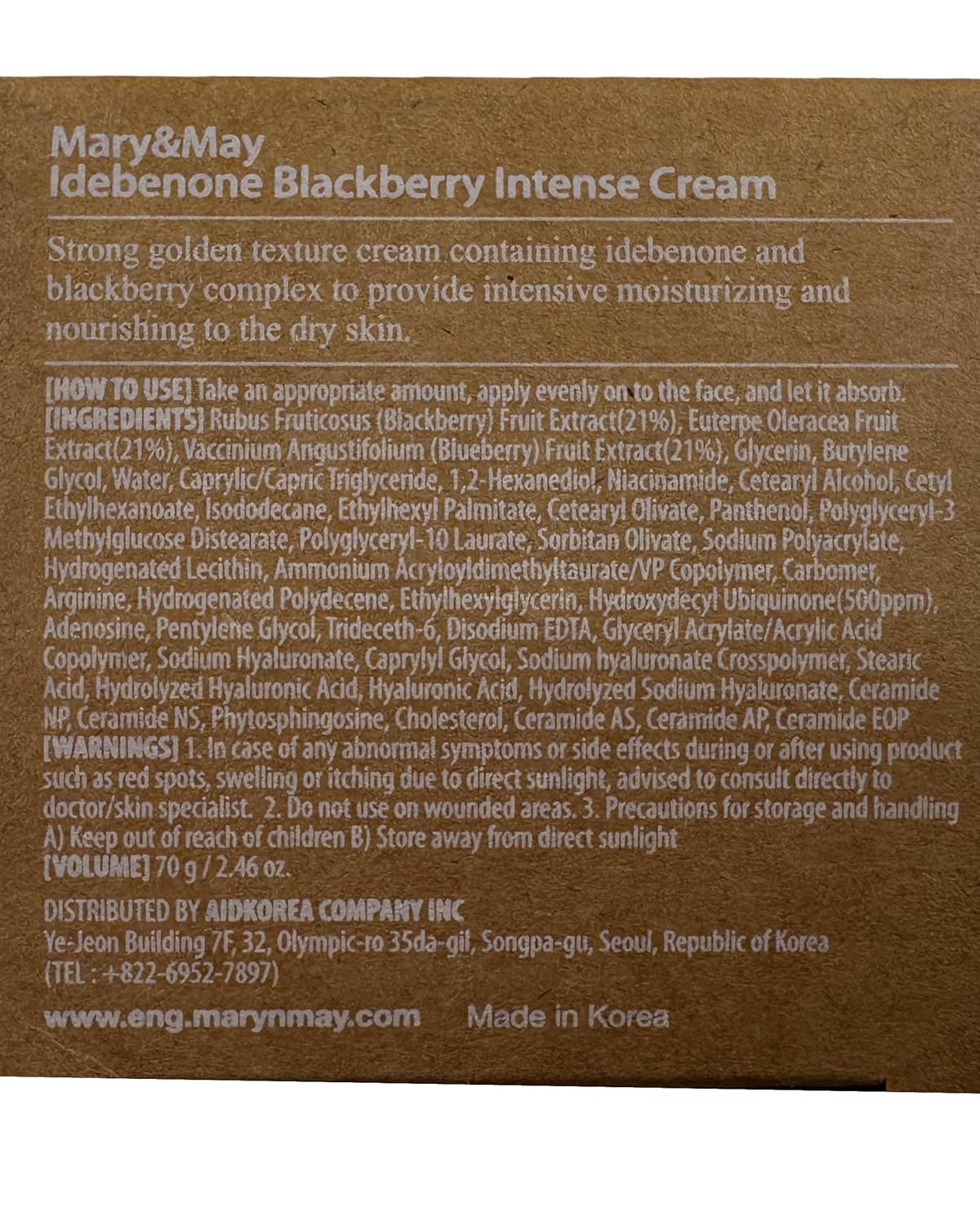 Mary&May Idebenone Blackberry Cream | Antioxidant Korean Moisturizer with 5 Ceramides & Hyaluronic Acid | Skin Barrier Repair & 48H Hydration | For All Skin Types (70g/2.46oz)-FemmiqueWomen