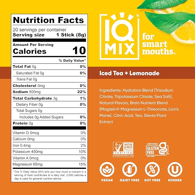 IQMIX Hydration Electrolyte Powder – 4-in-1 Formula for Hydration, Mental Clarity, Mood and Recovery – Sugar-Free Drink Mix, Keto, Magnesium L-Threonate, Lion’s Mane – 20 Count New Iced Tea Lemonade-FemmiqueWomen