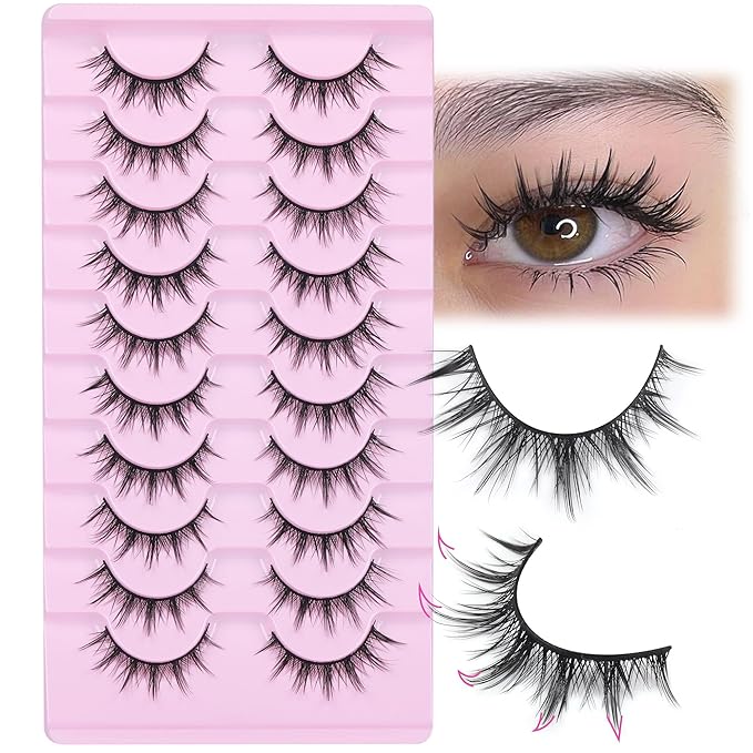 FANXITON Manga Lashes Wispy Natural Look Faux Eyelashes 10 Pairs Asian 3D False Eyelashes 14 mm Cat Eye Lashes Pack-FemmiqueWomen