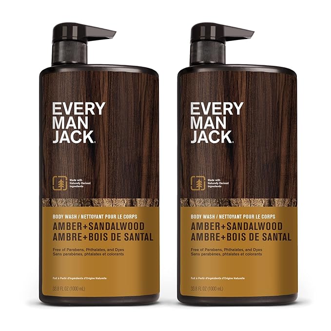 Every Man Jack Amber + Sandalwood Mens Body Wash for All Skin Types - Cleanse, Hydrate, and Smell Great - Free of Parabens, Phtalates, and Dyes - 33.8 fl oz (2 Pack)-FemmiqueWomen