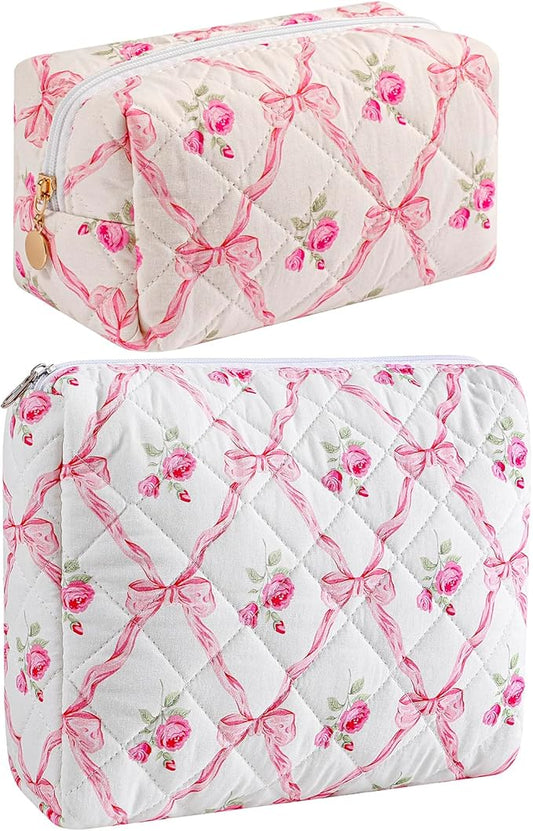 Makeup Bag Travel Cosmetic Bag for Women Girls, Zipper Make Up Pouch, Floral Flowers Toiletry Organizer Makeup, Portable Storage Bag, Cosmetic Travel Cloth Bag (2 Pack (L+S)/Pink Bowknot)-FemmiqueWomen