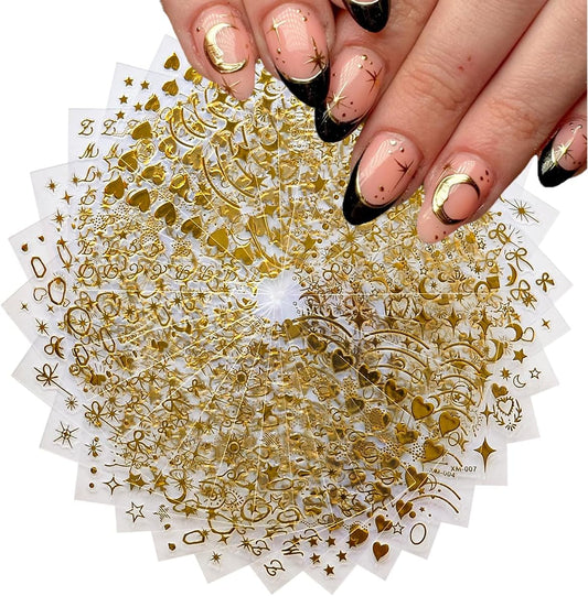 30Sheets Gold Nail Art Stickers Star Line 3D Self Adhesive Nail Stickers for Nail Art Moon Stars Nail Decals Heart Nail for Women and Girls Manicure DIY Decoration-FemmiqueWomen