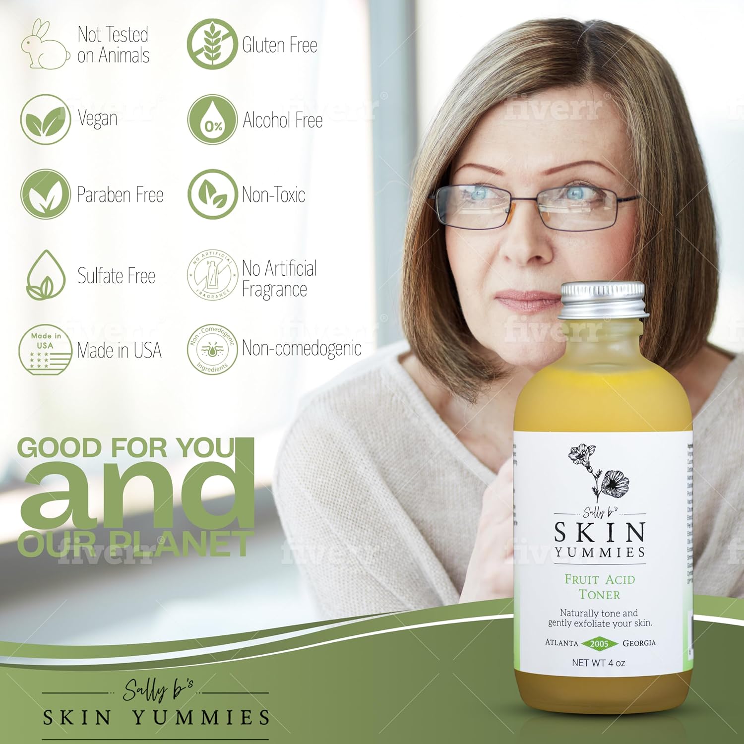 Sally B's Fruit Acid Face Toner and Daily Exfoliator/Alpha Hydroxy Acid (AHA) / 5 in 1 Action: Astringent, Cleansing, Calming, Exfoliating, and Hydrating / 4OZ-FemmiqueWomen