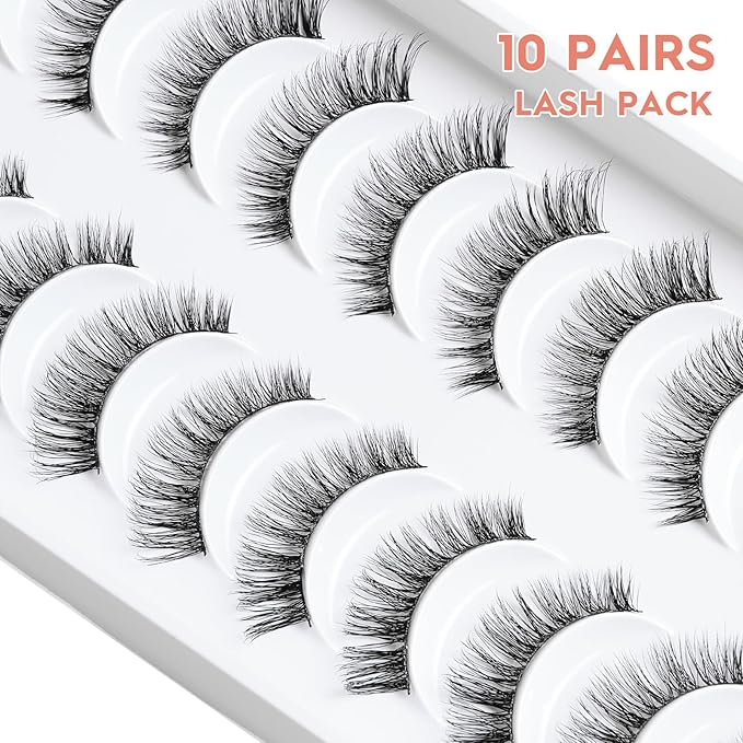 Lashes Wispy False Eyelashes Cat Eye Lashes Natural Look 3D Volume Fake Eyelashes Thin Band Lashes 12mm Natural Eye Lashes C Curl Siligli Lashes Pack 10 Pair-FemmiqueWomen